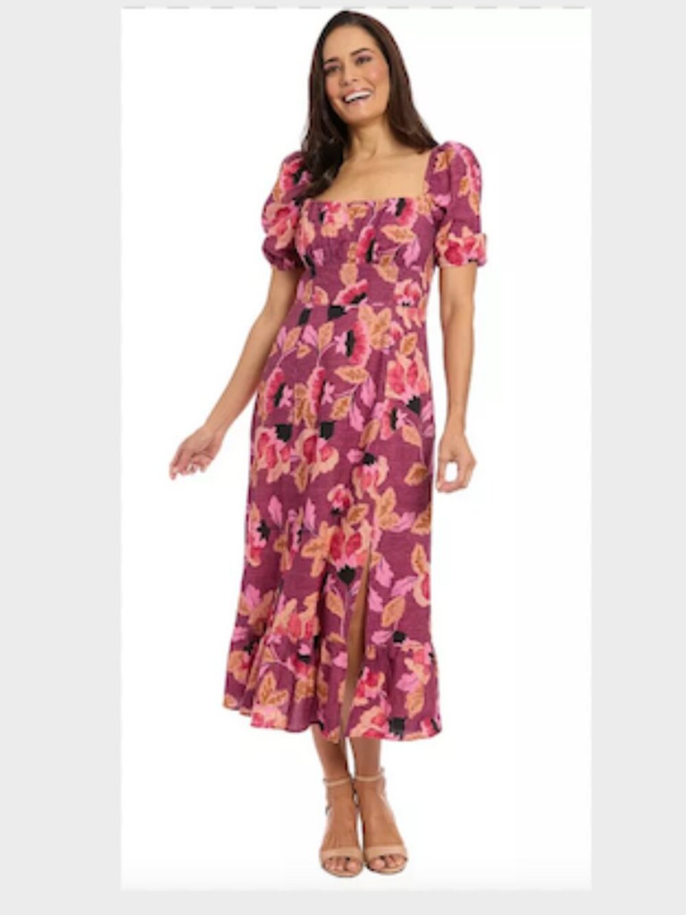 London Times Pink Floral Square Neck Puff Sleeve Midi Dress 12